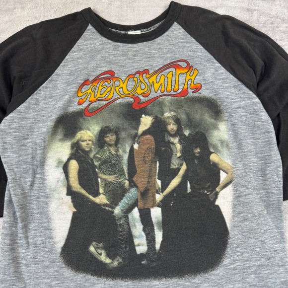 Aerosmith Shirt Mens Large Gray Vintage Permanent Vacation Tour 1987 Raglan Rock - Picture 2 of 10